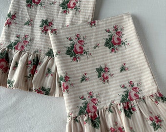 Vintage Ralph Lauren SOPHIE Brooke Pink Rose Floral Cottage Country Tan Stripe Ruffle King Pillowcase Pair. Made in the USA.