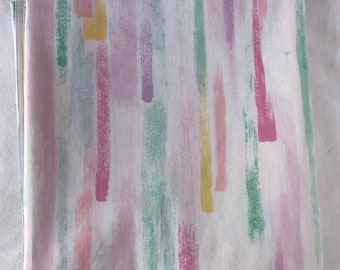 Vintage Thomaston 1980's Full Flat Sheet Pastel Brush Strokes Stripes Abstract Pink Yellow Green Purple