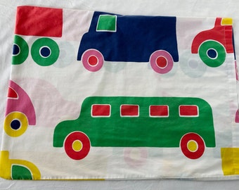 Vintage Marimekko By Dan River 1970’s Mod 'Bo Boo' Cars Trucks Buses Standard Pillowcase Green Pink Yellow Blue White Red