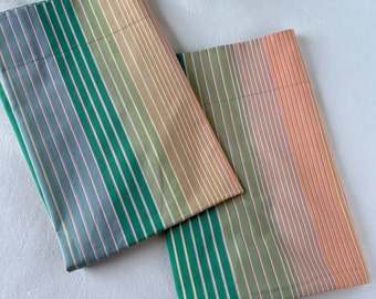 Vintage 1984 Wamsutta 'Reflections' Pastel Orange Aqua Peach Blue Green Stripes Handmade Standard Sham Pillowcase Pair