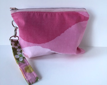 Pink Print Vintage Fabric 6x8" Purple Zipper Pouch with 7" Removeable Wristlet Strap Make-up Bag Clutch with Coordinating Fabric Liner