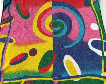 Vintage 1980's/90's Beach Towel Abstract Swirls Jazz Pink Yellow Green Blue 100% Cotton 27x54"