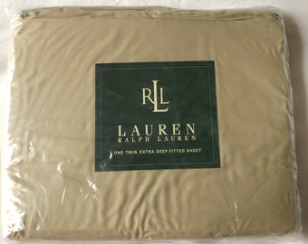 RALPH LAUREN 100% Cotton Sand Solids Beige Tan Twin Extra Deep Fitted Sheet In Package