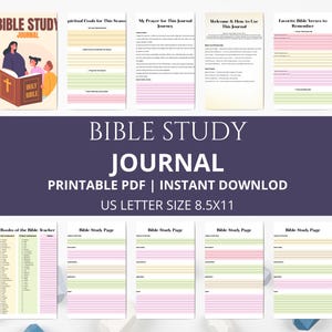 May include: A digital Bible study journal with a cover illustration of people reading a book. The journal includes pages for spiritual goals, prayers, and favourite Bible verses. The text on the cover reads "Bible Study Journal". The journal is US Letter size 8.5x11 (21.6 x 27.9 cm).