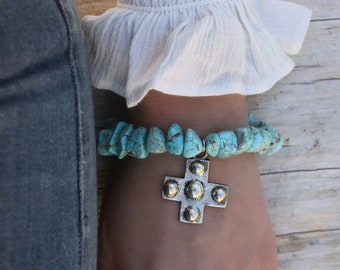 Chunky Turquoise and Silver Cowgirl Cross Bracelets