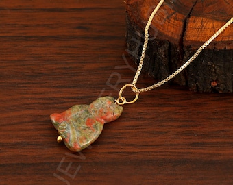 Unakite Heart Pendant Necklace | Gold Tone Chain, Healing Stone