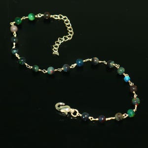 100% Ethiopian Opal Colorful Gemstone Beaded Bracelet Handmade Adjustable Gold Chain Jewelry, Minimalist Boho Bracelet for Women & Gift Idea