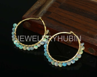 Gold Plated Opal Dangle Earrings Handmade, Genuine Ethiopian Opal Jewelry, Birthday Gift for Wife
