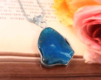 Handmade Blue Druzy Agate Pendant • Sterling Silver Plated Necklace