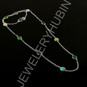 Sterling Silver Ethiopian Opal Station Necklace, Bezel Set Green Opal Chain