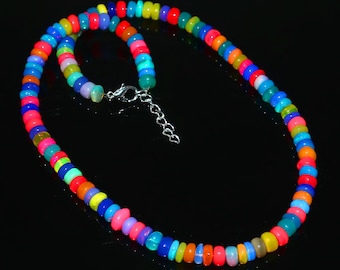 Rainbow Ethiopian Opal Beaded Necklace | Multi Color Gemstone Rondelle Beads Choker