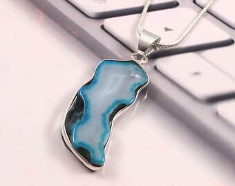 Blue Agate Slice Pendant: Sterling Silver Necklace, Unusual Stone