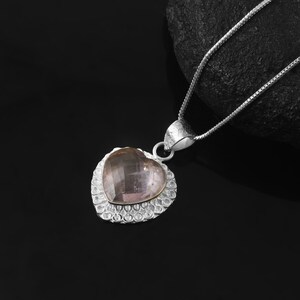 Handmade Rose Quartz Heart Pendant Necklace, Sterling Silver, Boho Jewelry