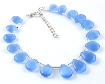 Sky Blue Chalcedony Beaded Bracelet, Natural Gemstone Jewelry