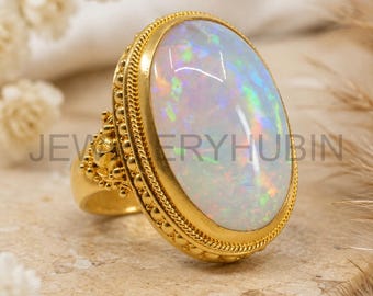 Large Oval Ethiopian Opal Ring, Gold Finish Statement Cocktail Ring, October Birthstone Jewelry