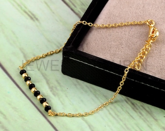 14K Gold Plated Black Crystal Beaded Bracelet, Dainty Chain Jewelry