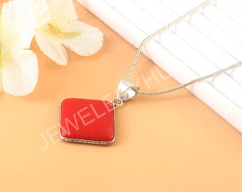 Rote Koralle Anhänger, Sterling Silber Kette, Boho Halskette