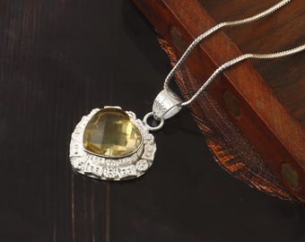 Heart Citrine Pendant Necklace, Sterling Silver, Handmade Boho Jewelry