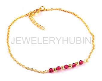 14K Gold Plated Ruby Bracelet, Dainty Red Gemstone, Minimalist Chain, July Birthstone Jewelry