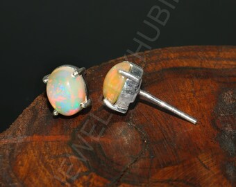 Opal Earrings, Sterling Silver, Handmade Gemstone Studs Earrings,  Boho Chic Jewelry