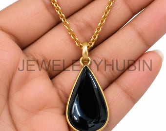 14K Gold Black Onyx Teardrop Pendant Necklace, Minimalist Statement Jewelry
