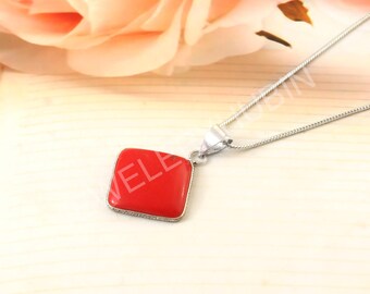 Red Coral Sterling Silver Pendant Necklace, Handmade Gemstone Jewelry