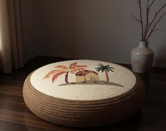Hut & Palm Tree Meditation Cushion – Round Floor Seat for Relaxation