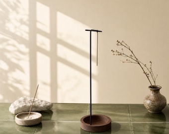Minimalist Hanging Incense Holder – Metal Stand with Wood Tray