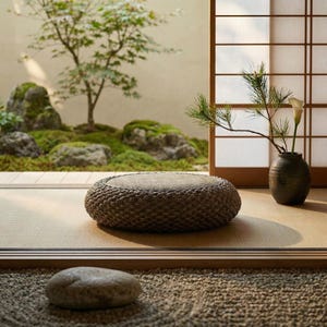 Op de afbeelding: Een ronde, geweven vloerkussen met een getextureerd oppervlak ligt op een tatami-mat. Een kleine, donkere vaas bevat een takje groen en een witte bloem. De achtergrond toont een Japanse tuin met een boom en met mos bedekte rotsen.