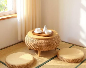 Set da tè con contenitore intrecciato Zen - Tavolo da pavimento in stile Tatami con cuscini