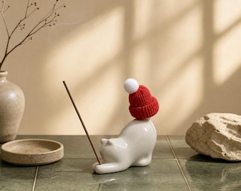 Innerbillion Porta incenso a forma di gatto in ceramica – Decorazione zen per la scrivania e bruciatore di incenso kawaii