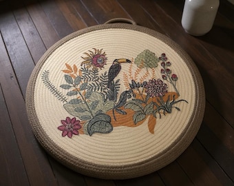 Bird & Botanical Meditation Cushion – Round Floor Pillow for Relaxation