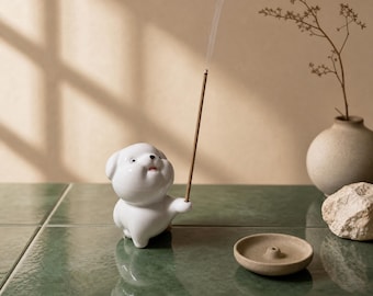 Innerbillion Porta incenso in ceramica a forma di cane – Decorazione zen da scrivania e bruciatore di incenso a forma di cucciolo