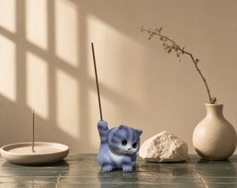 Blågrå rökelsehållare för kattunge – Söt mini zen-skrivbordsdekoration