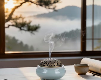 Bruciatore di incenso Zen Treppiede Celadon – Ciotola in ceramica con coperchio in foglia di ottone