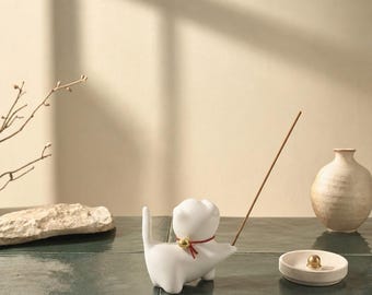 Innerbillion Porta incenso a forma di gatto in ceramica – Decorazione zen per la scrivania e grazioso bruciatore di incenso