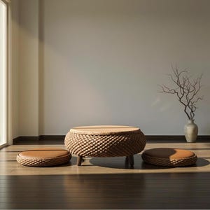 Coffee Brown Zen Woven Storage Tea Table – Tatami Floor Table with Cushions
