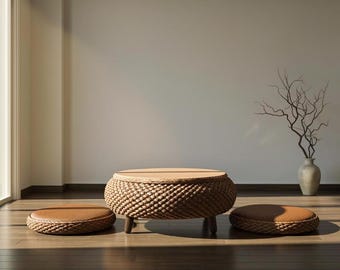Coffee Brown Zen Woven Storage Tea Table – Tatami Floor Table with Cushions