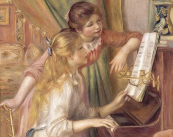 ヴィンテージ額入りルノワール版画「ピアノを弾く二人の少女」ガラス