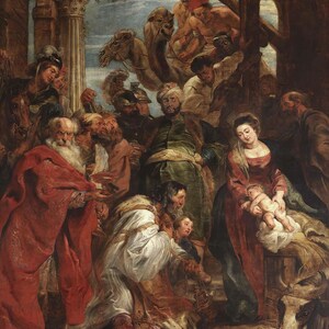 Puede incluir: Una pintura al óleo detallada que representa la historia bíblica de la Adoración de los Reyes Magos. La obra presenta numerosas figuras con elaboradas túnicas, camellos y un bebé sostenido por una mujer con un vestido rojo. La escena está ambientada en un establo rústico.