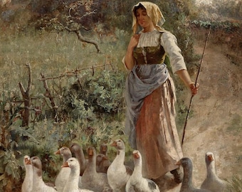 May include: An oil painting showing a woman in traditional dress and head covering, holding a staff, leading a flock of white and grey geese along a path. The background features a rural landscape with trees and a fence.