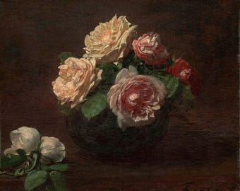 Rozen in een kom | Vintage kunstafdruk | Meerdere maten | Antiek Frans roosstillevenschilderij