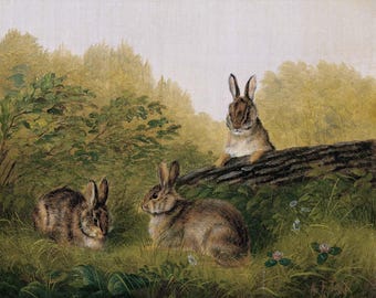 Könnte beinhalten: Eine Illustration von drei braunen Kaninchen in einer natürlichen Umgebung. Zwei Kaninchen befinden sich im Gras, und eines sitzt auf einem Baumstamm. Der Hintergrund zeigt grünes Laub und Bäume unter einem sanften, bewölkten Himmel.