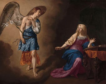 De aankondiging | Heilige kunstafdruk | Meerdere maten | Katholiek devotioneel kunstwerk | Religieuze schilderkunst uit de Gouden Eeuw