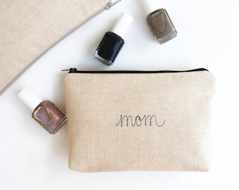 Linen Cosmetic Bag Personalized, Minimalist Gift for Women, Personalized Gift for Mom