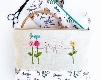 Floral Project Bag for Knitting, Large Zipper Bag for Embroidery, Craft Project Organizer, Garden Lover Project Bag
