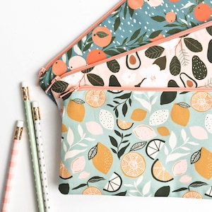 Nature Lover Zipper Pouch, 70s Inspired Summer Fruit Pencil Pouch, Retro Graphic Floral Purse, Pencil Case, Cosmetic Bag, School Supplies