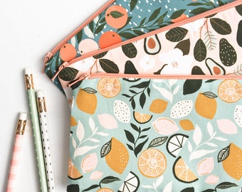 Nature Lover Zipper Pouch, 70s Inspired Summer Fruit Pencil Pouch, Retro Graphic Floral Purse, Pencil Case, Cosmetic Bag, School Supplies