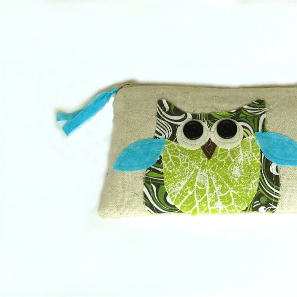 owl springtime personalized pouch with zipper green, blue and white, will customize with your name, under 30