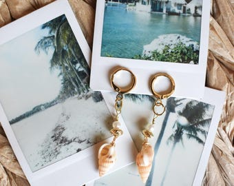 Seashell Drop Earrings: Gold Hoop Dangle